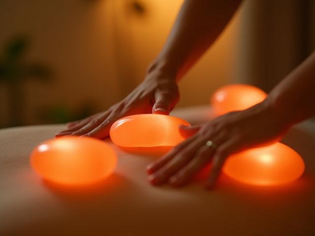 Hands massaging a person's back with warm Himalayan salt stones