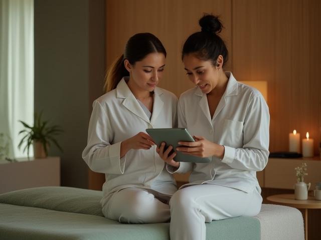 Spa therapist and client discussing wellness goals in a serene setting